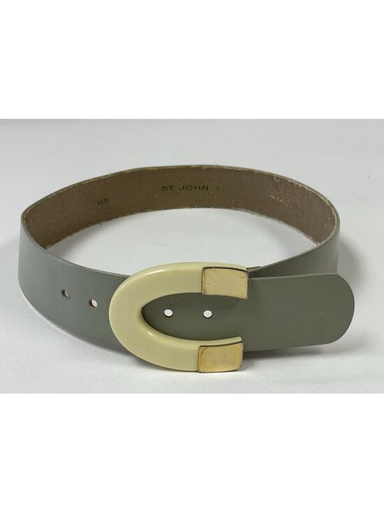 Vintage St. John Green Leather Horseshoe Buckle Ivory Gold-tone Belt Size 2 / M main image 6